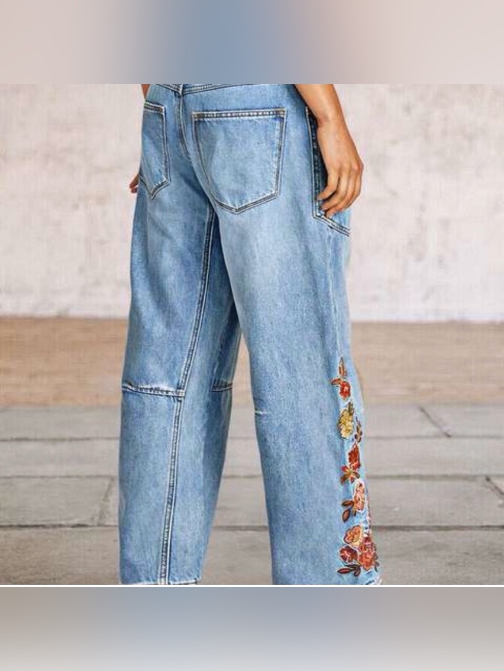 Flamingals Embroidered Floral Light Blue Barrel Jeans - Picture 4 of 10